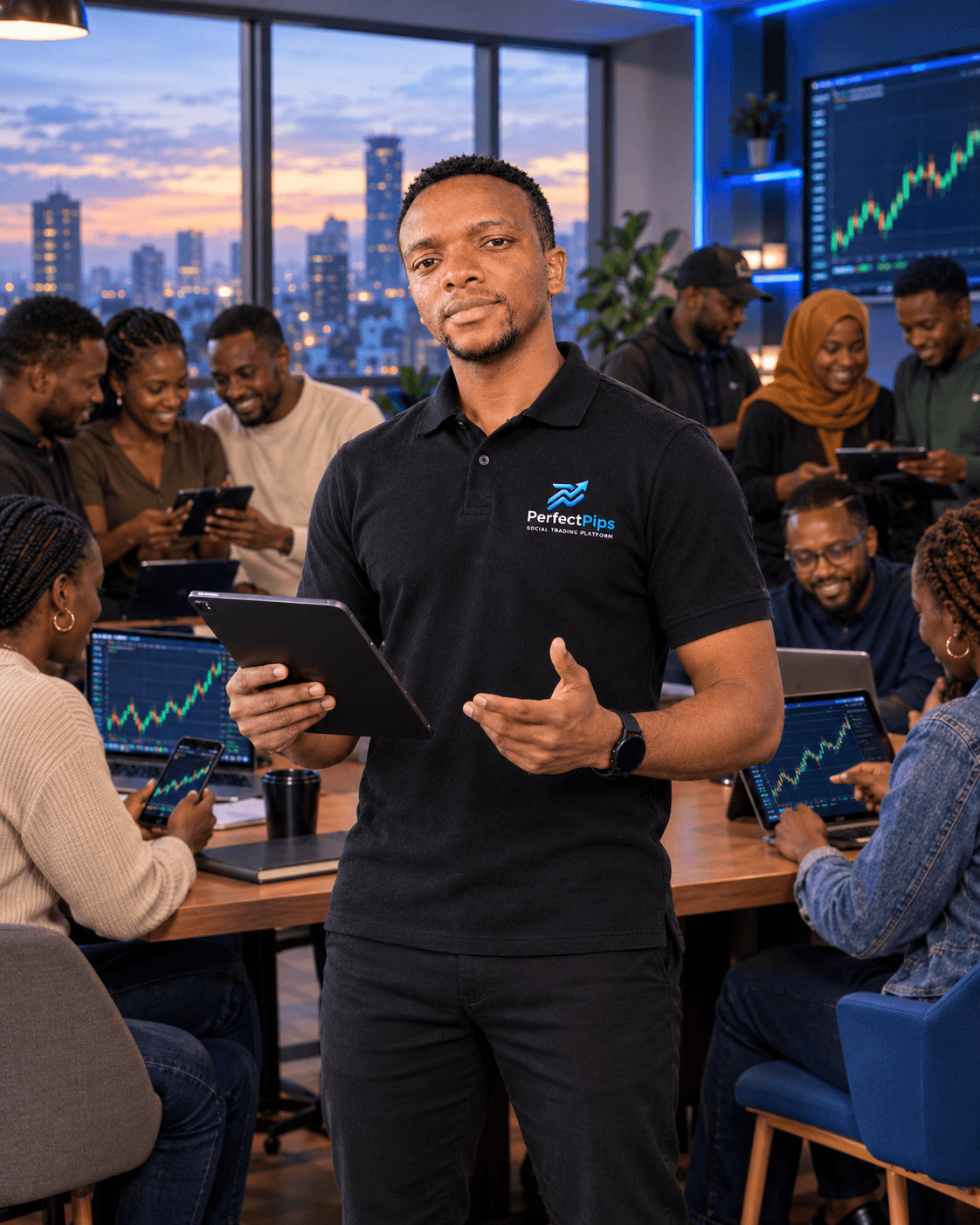 PerfectPips lead trader surrounded by members trading together on phones and laptops