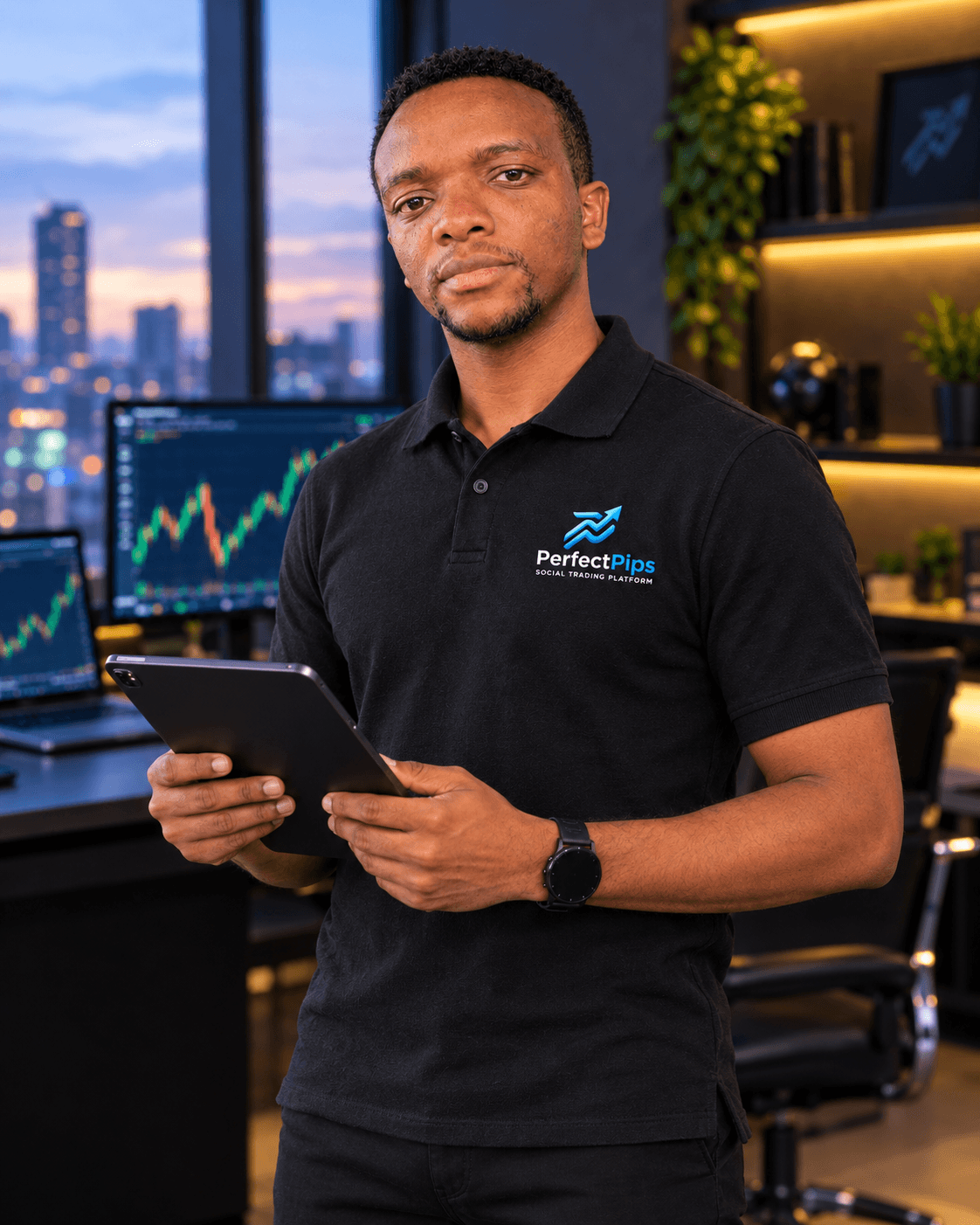 PerfectPips lead trader holding a tablet in a trading office